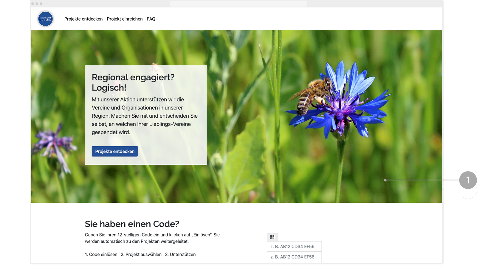 Abbildung: Eingabefeld für den Code auf der Startseite mit 'Einlösen'-Button.